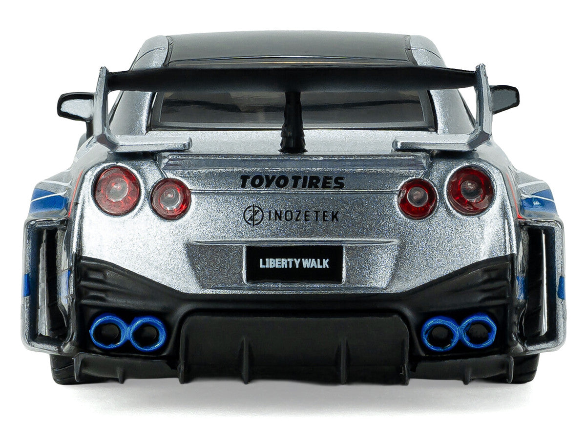 2020 Nissan GT-R (R35) Liberty Walk Silhouette RHD (Right Hand Drive) Silver Metallic with Black Top and Blue Graphics 1/43 Diecast Model Car by Solido by Solido