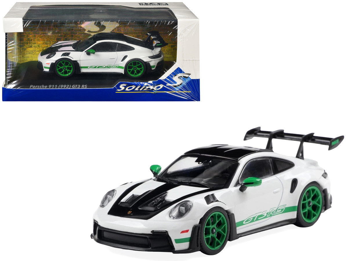 2023 Porsche 911 (992) GT3 RS "Tribute to Carrera RS Package" White with Green Stripes and Black Hood and Top 1/43 Diecast Model Car by Solido by Solido