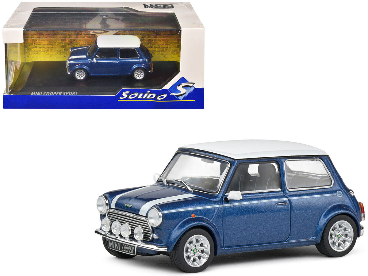 1994 Mini Cooper Sport Tahiti Blue Metallic with White Top and Stripes 1/43 Diecast Model Car by Solido by Solido