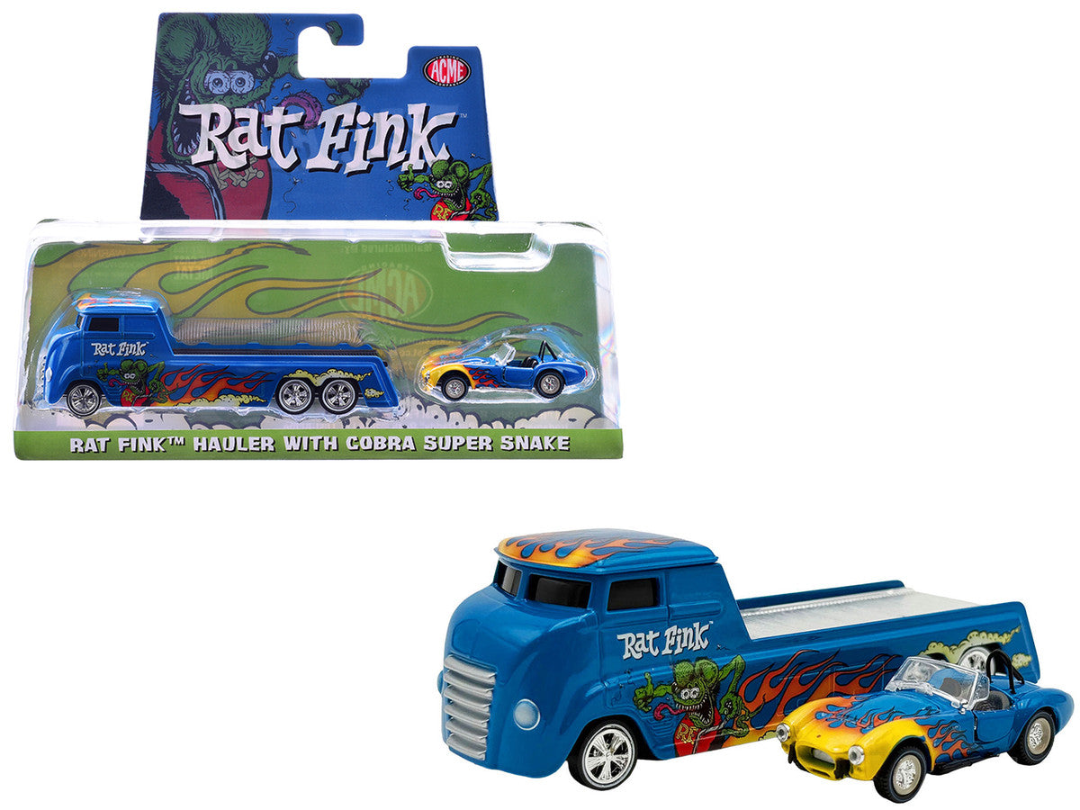 Shelby Cobra Super Snake Blue Metallic with Flames and Custom "Rat Fink" Hauler Blue Metallic with Flames and Graphics 1/64 Diecast Model Cars by ACME by Acme