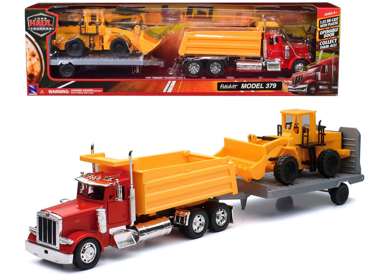 Peterbilt 379 Dump Truck Red and Wheel Loader Yellow with Flatbed Trailer "Long Haul Truckers" Series 1/32 Diecast Model by New Ray by New Ray