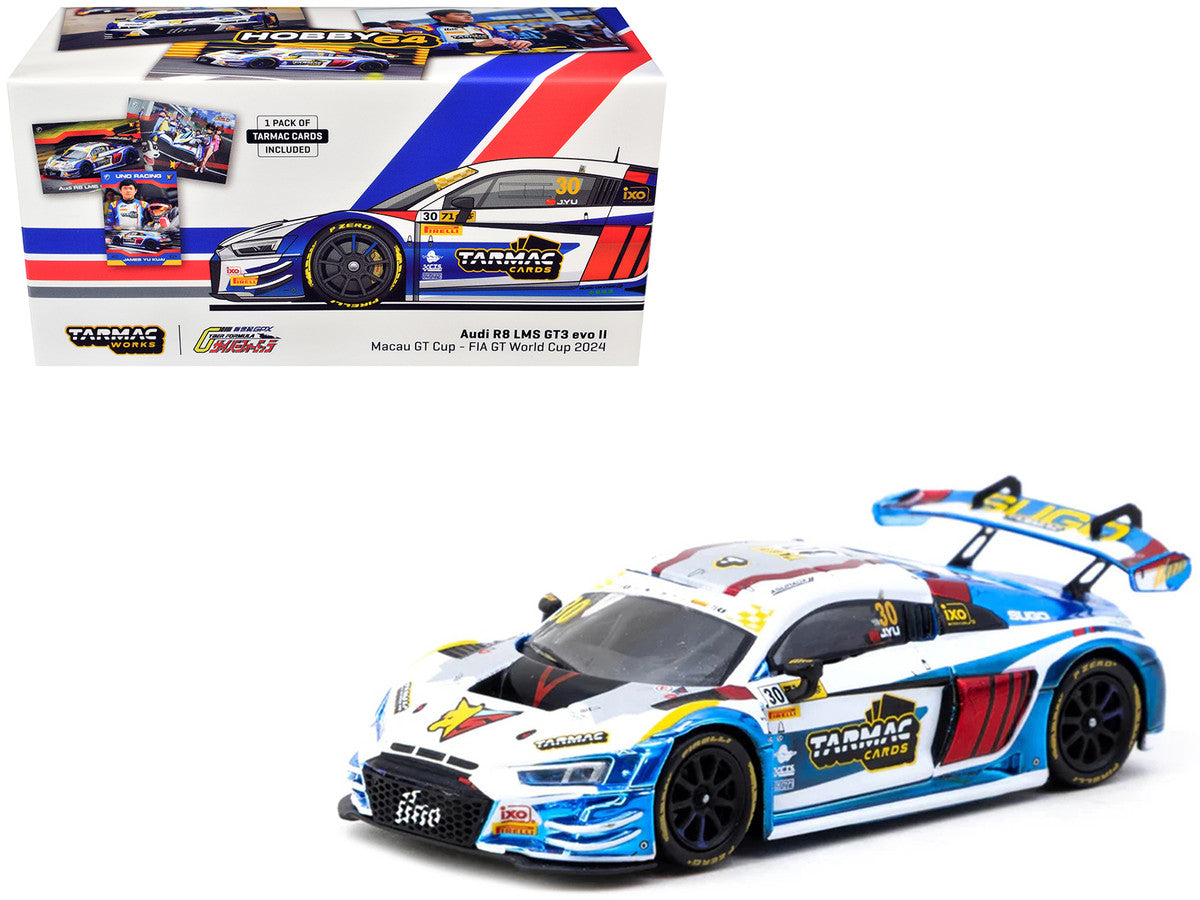 Audi R8 LMS GT3 evo II #30 James Yu "Uno Racing Team" "Macau GT Cup - FIA GT World Cup" (2024) with Plastic Transporter Packaging and Collectible Tarmac Cards "Hobby64" Series 1/64 Diecast Model Car by Tarmac Works by Tarmac Works