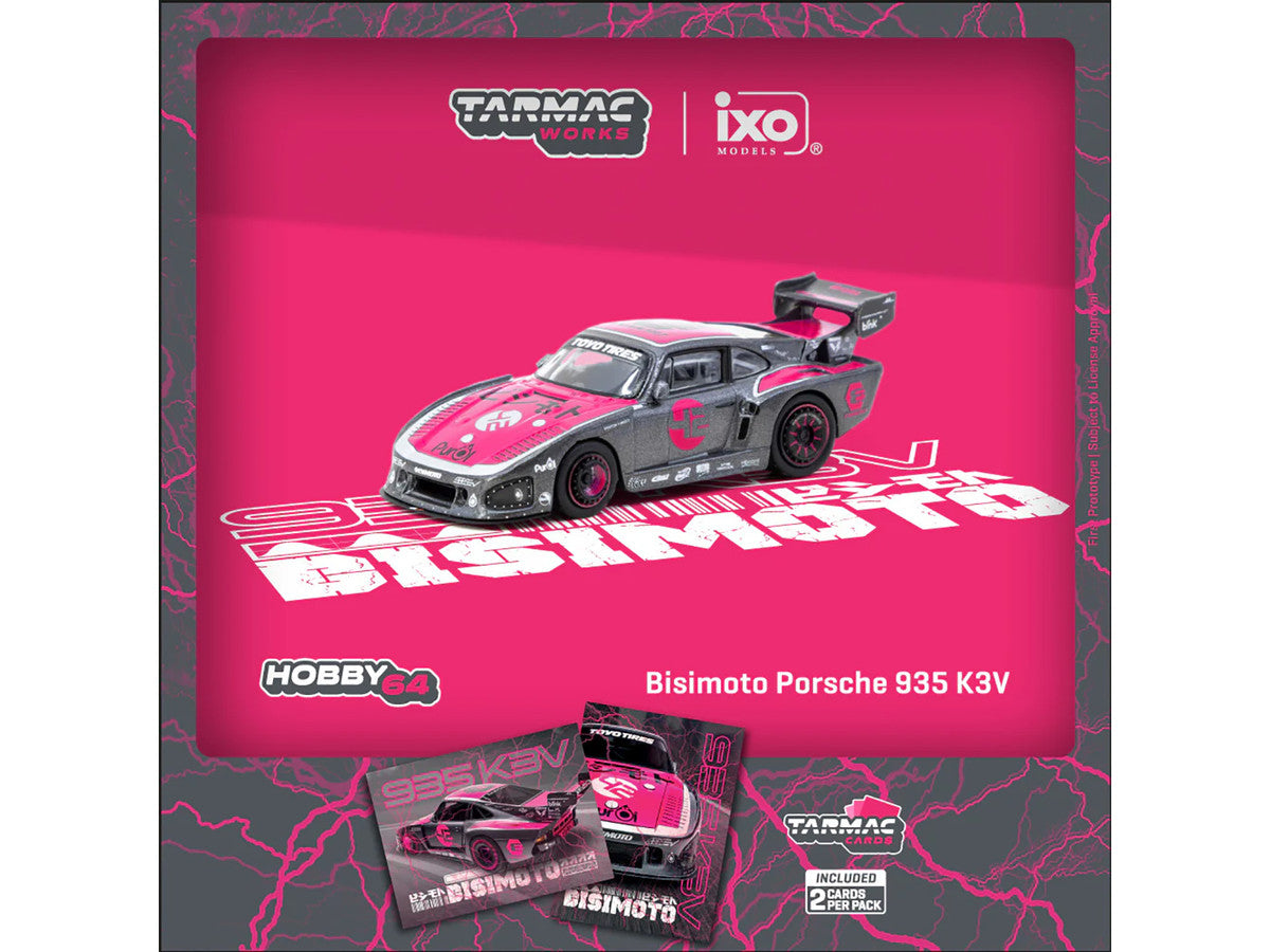 Porsche 935 K3V Bisimoto Gray Metallic with Pink Hood and Top with Tarmac Cards "Hobby64" Series 1/64 Diecast Model by Tarmac Works by Tarmac Works