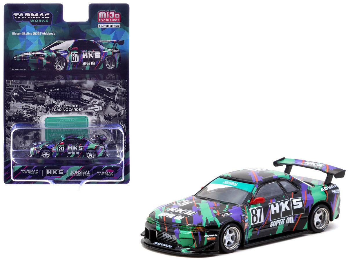 Nissan Skyline (R32) Widebody RHD (Right Hand Drive) #87 "HKS - Designed by Jon Sibal" Black with Graphics with Tarmac Cards "Global64" Series 1/64 Diecast Model Car by Tarmac Works by Tarmac Works
