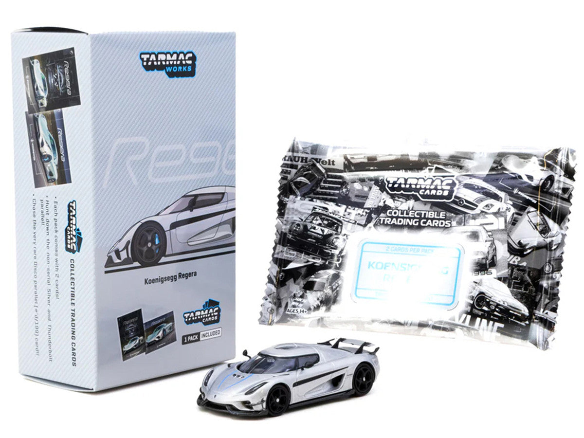 Koenigsegg Regera Silver Metallic with Blue Accents and Collectible Tarmac Cards "Global64" Series 1/64 Diecast Model Car by Tarmac Works by Tarmac Works