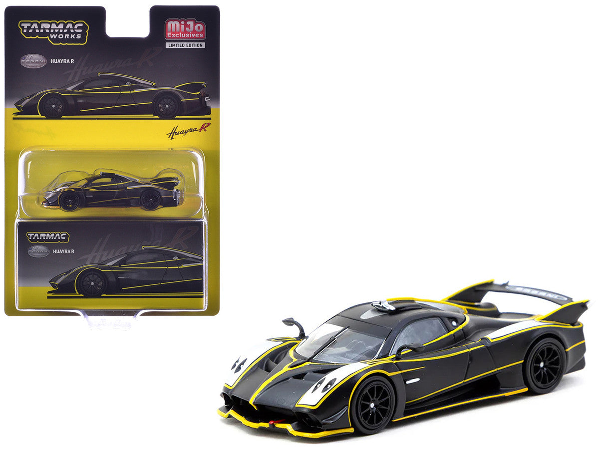 Pagani Huayra R Matt Black with Silver Accents and Yellow Stripes "Global64" Series 1/64 Diecast Model by Tarmac Works by Tarmac Works