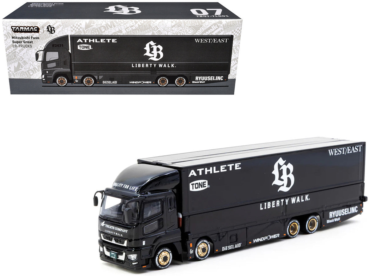 Mitsubishi Fuso Super Great Truck RHD (Right Hand Drive) with Transporter "Liberty Walk" Black "Truck64" Series 1/64 Diecast Model Car by Tarmac Works by Tarmac Works