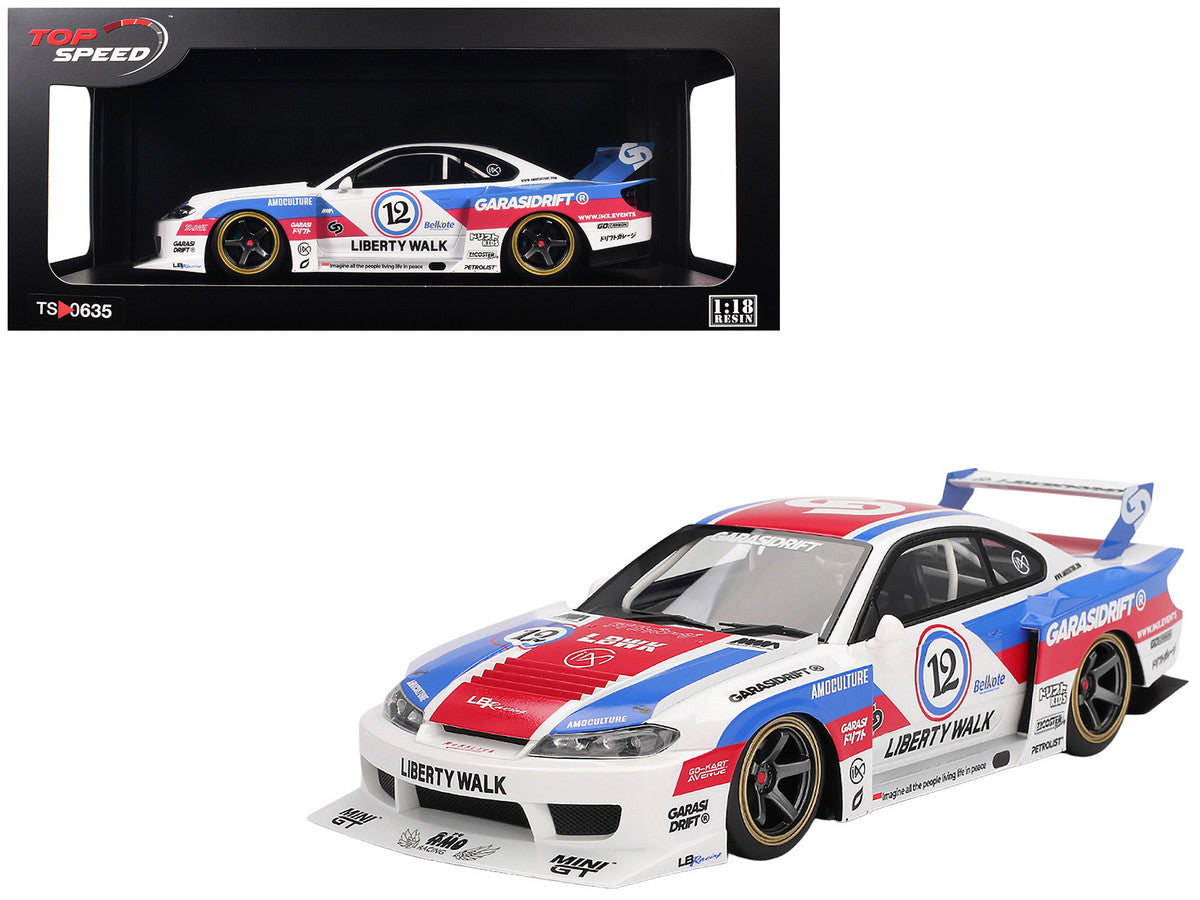 Nissan "LB-Super Silhouette" S15 SILVIA RHD (Right Hand Drive) #12 "GARASIDRIFT" White with Red and Blue Graphics 1/18 Model Car by Top Speed by Top Speed