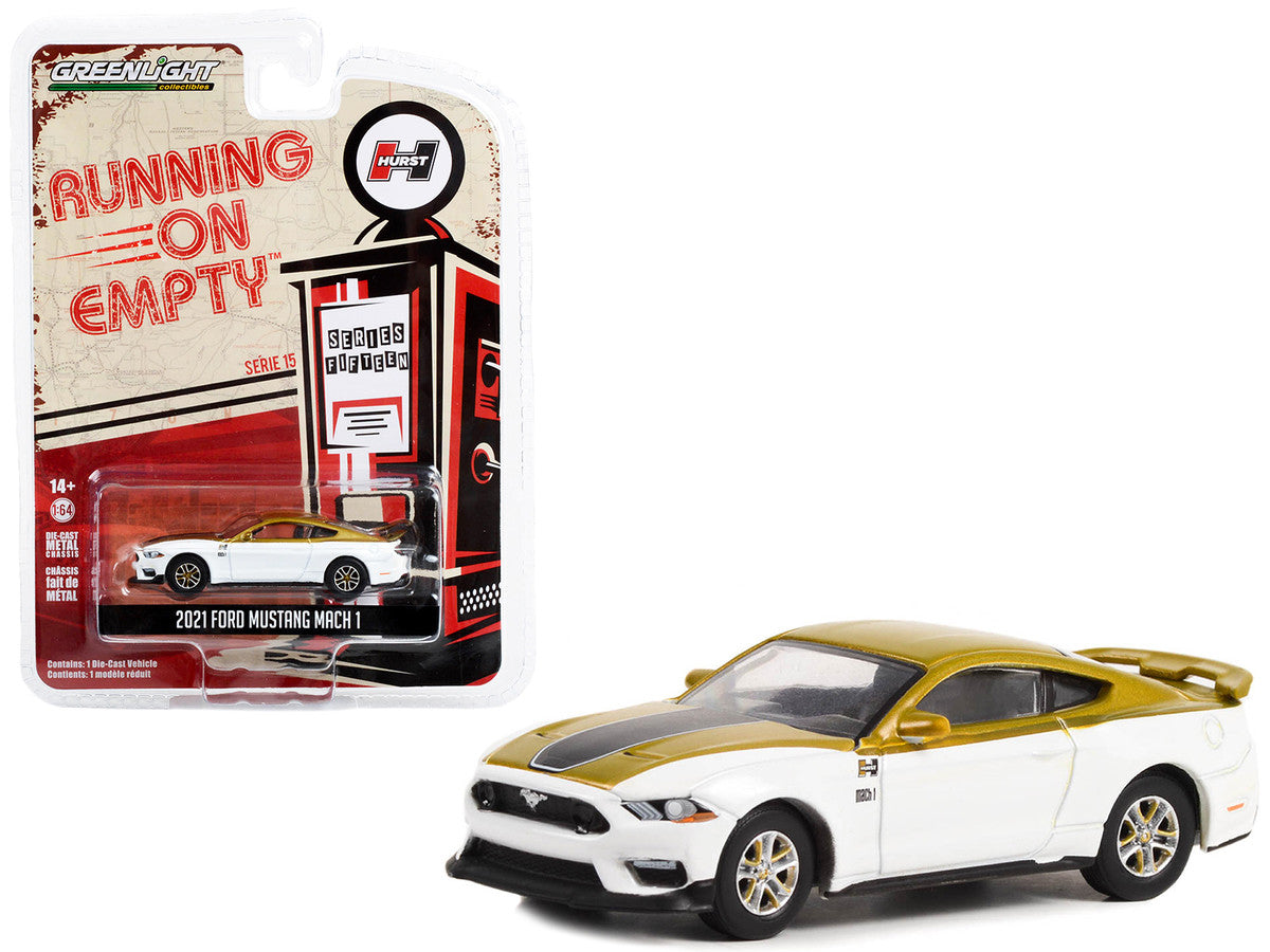 2021 Ford Mustang Mach 1 White and Gold with Black Stripe "Hurst Performance" "Running on Empty" Series 15 1/64 Diecast Model Car by Greenlight by Greenlight