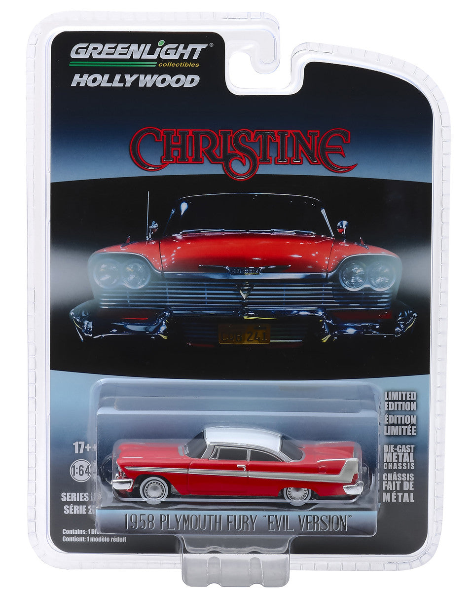 1958 Plymouth Fury Red with White Top "Evil Version" (Blacked Out Windows) "Christine" (1983) Movie "Hollywood Series" Release 24 1/64 Diecast Model Car by Greenlight by Greenlight