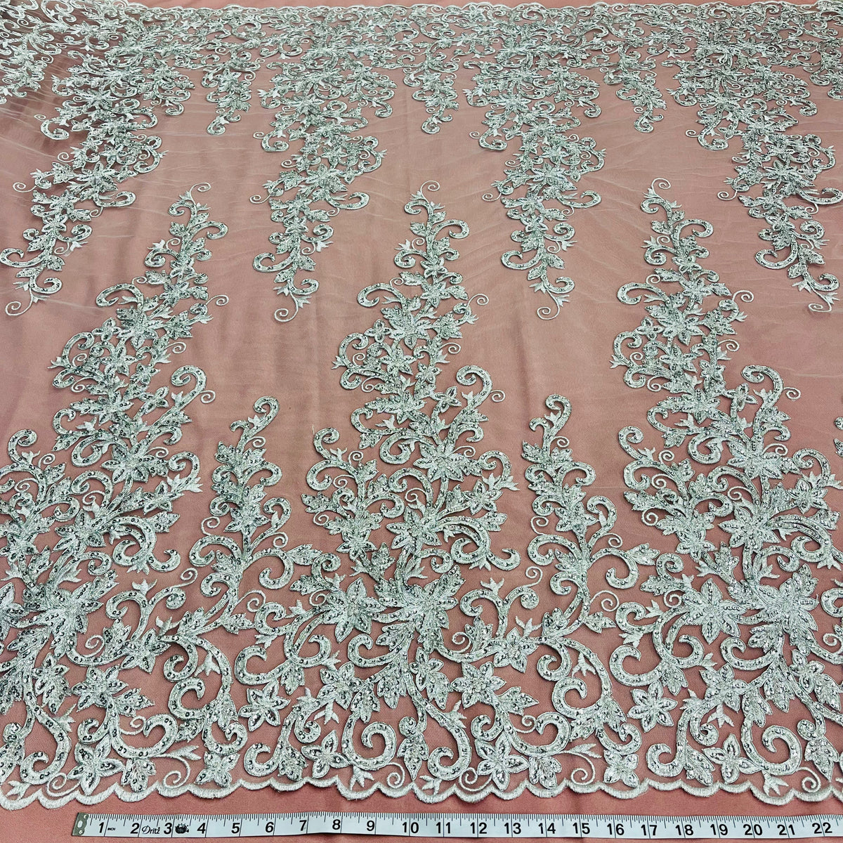 Beaded & Corded Bridal Fabric Lace Embroidered on 100% Polyester Net Mesh | Lace USA - 97219W-HB