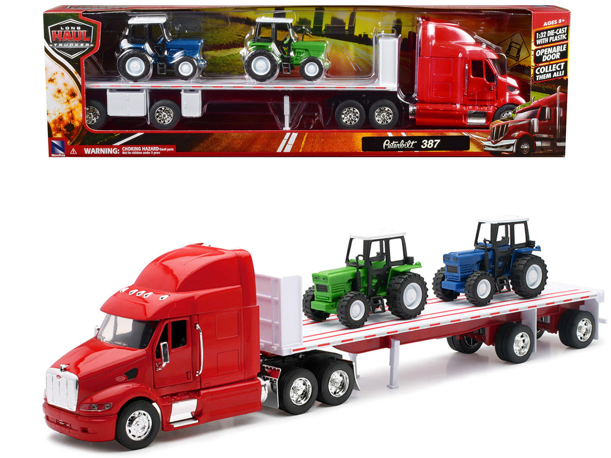 Peterbilt 387 Flatbed Truck Red with 2 Farm Tractors Blue and Green "Long Haul Trucker" Series 1/32 Diecast Model by New Ray by New Ray