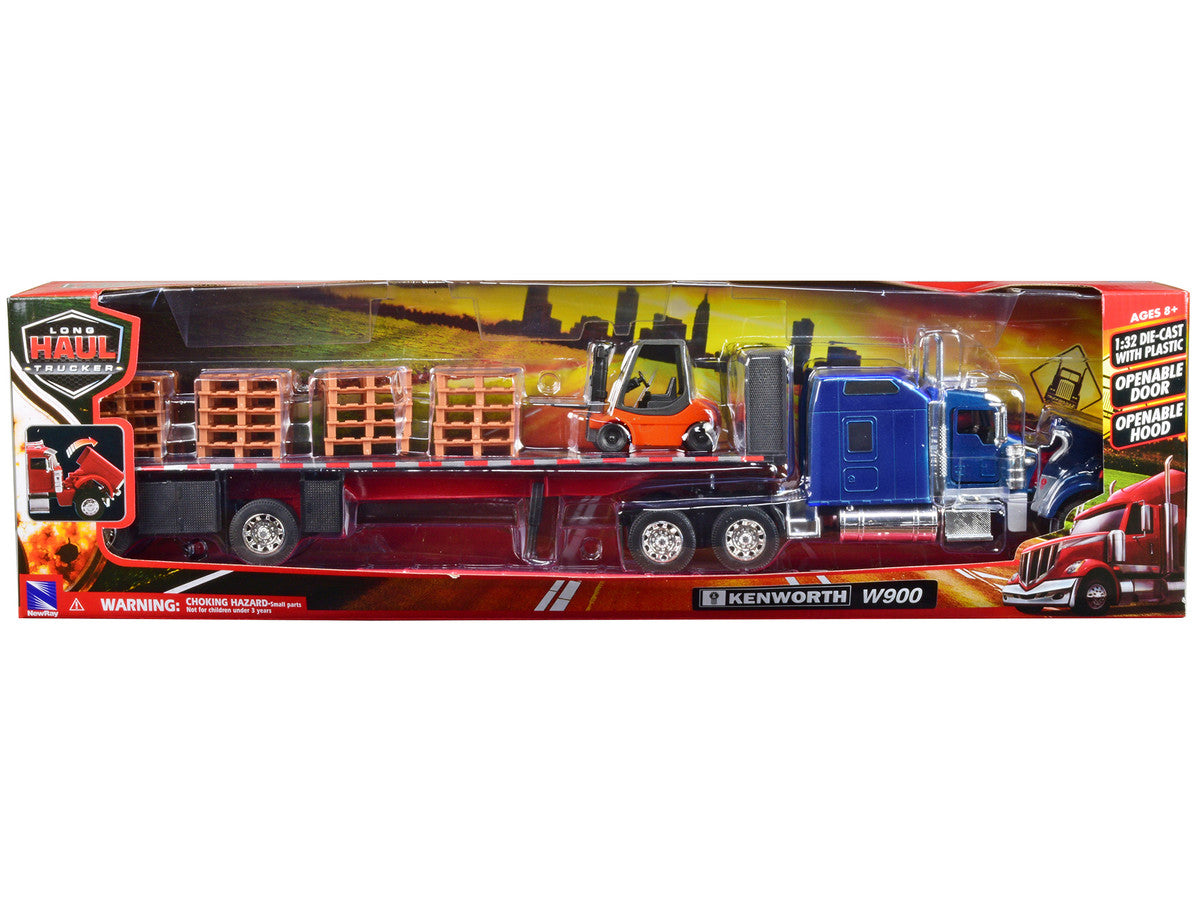 Kenworth W900 Truck with Flatbed Trailer Blue with Forklift and Pallets "Long Haul Truckers" Series 1/32 Diecast Model by New Ray by New Ray