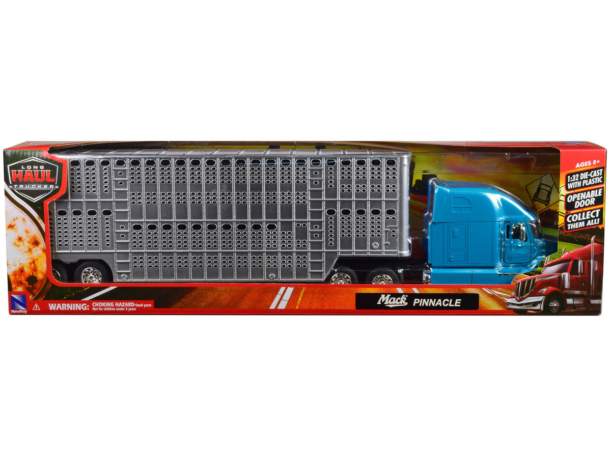 Mack Pinnacle Truck with Pot Belly Livestock Trailer Blue and Chrome "Long Haul Truckers" Series 1/32 Diecast Model by New Ray by New Ray