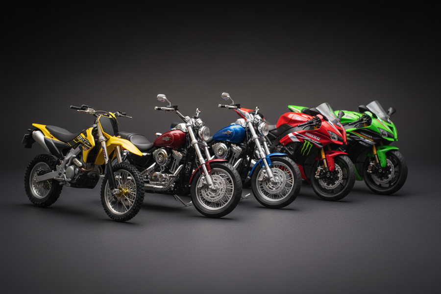 Precision diecast motorcycle models featuring a yellow dirt bike, classic cruisers, and sportbikes built for collectors.