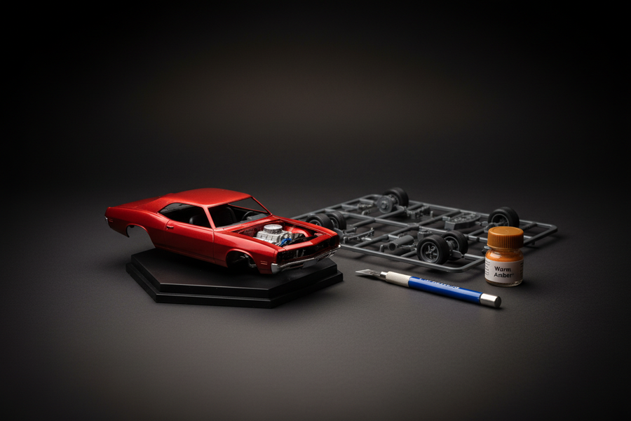 Red classic car model kit with engine detail, sprue, hobby knife, and paint bottle on dark surface.