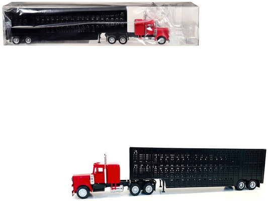 Peterbilt with Sleeper Cab Red with Black Livestock Trailer 1/87 (HO) Plastic Model Car by Promotex by Promotex