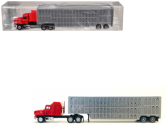 Mack CH 613 with Sleeper Cab Red with Silver Livestock Trailer 1/87 (HO) Plastic Model Car by Promotex by Promotex