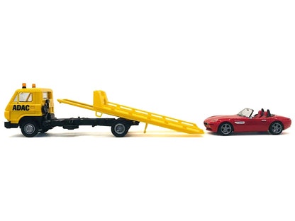 Flatbed Tow Truck "ADAC" Yellow and BMW Z4 Convertible Red Set of 2 pieces 1/87 (HO) Plastic Model Cars by Promotex by Promotex