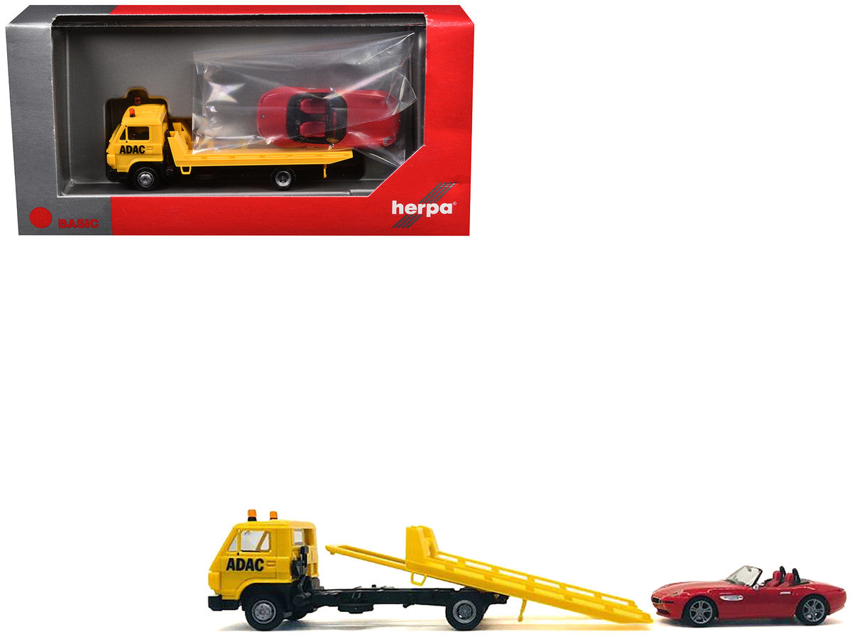 Flatbed Tow Truck "ADAC" Yellow and BMW Z4 Convertible Red Set of 2 pieces 1/87 (HO) Plastic Model Cars by Promotex by Promotex