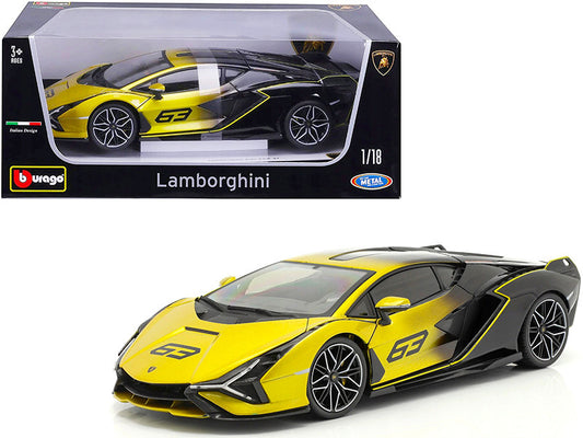 Lamborghini Sian FKP 37 #63 Yellow Metallic and Black 1/18 Diecast Model Car by Bburago by Bburago