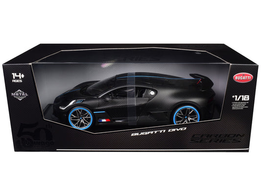 Bugatti Divo Carbon Fiber with Blue Accents "Carbon Series - Bburago 50th Anniversary" 1/18 Diecast Model Car by Bburago by Bburago