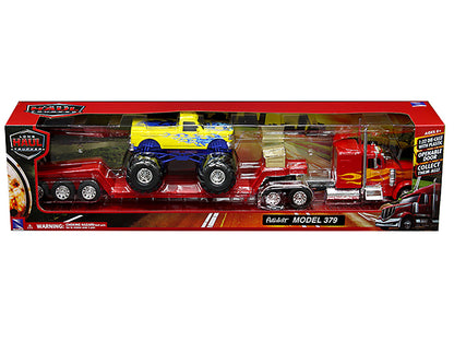 Peterbilt 379 Truck with Lowboy Trailer Red with Orange Flames and Monster Truck Yellow with Blue Flames "Long Haul Truckers" Series 1/32 Diecast Model by New Ray by New Ray