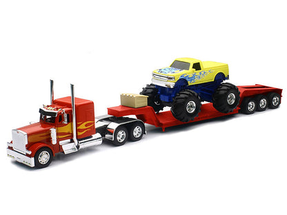 Peterbilt 379 Truck with Lowboy Trailer Red with Orange Flames and Monster Truck Yellow with Blue Flames "Long Haul Truckers" Series 1/32 Diecast Model by New Ray by New Ray