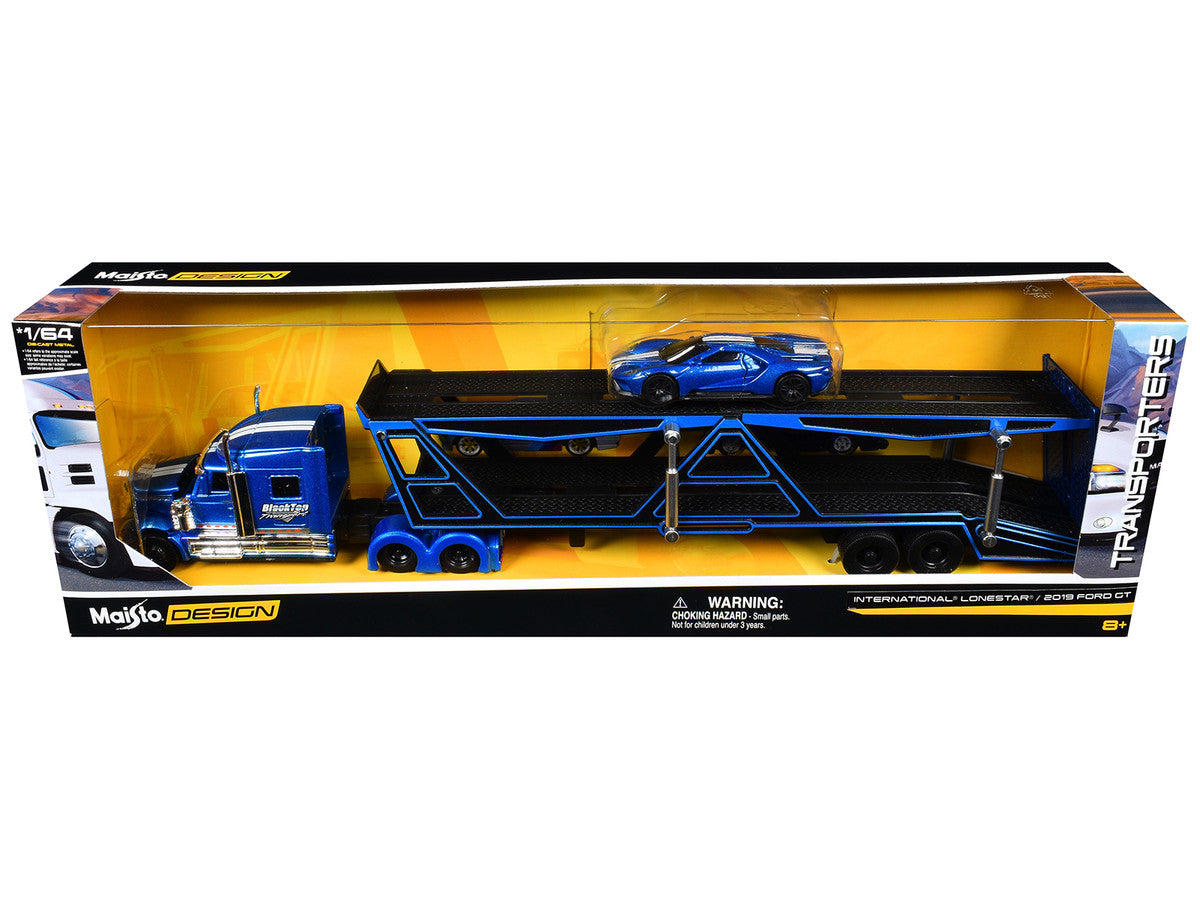International Lonestar "BlackTop Transport" Open Car Hauler Blue Metallic with White Stripes and Graphics and 2019 Ford GT Blue Metallic with White Stripes "Transporters" Series 1/64 Diecast Models by Maisto by Maisto