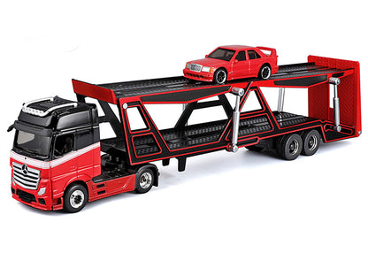 Mercedes-Benz Actros Open Car Hauler Red and Black with White Stripes and 1990 Mercedes-Benz 190E Red "Transporters" Series 1/64 Diecast Models by Maisto by Maisto