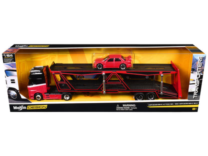 Mercedes-Benz Actros Open Car Hauler Red and Black with White Stripes and 1990 Mercedes-Benz 190E Red "Transporters" Series 1/64 Diecast Models by Maisto by Maisto