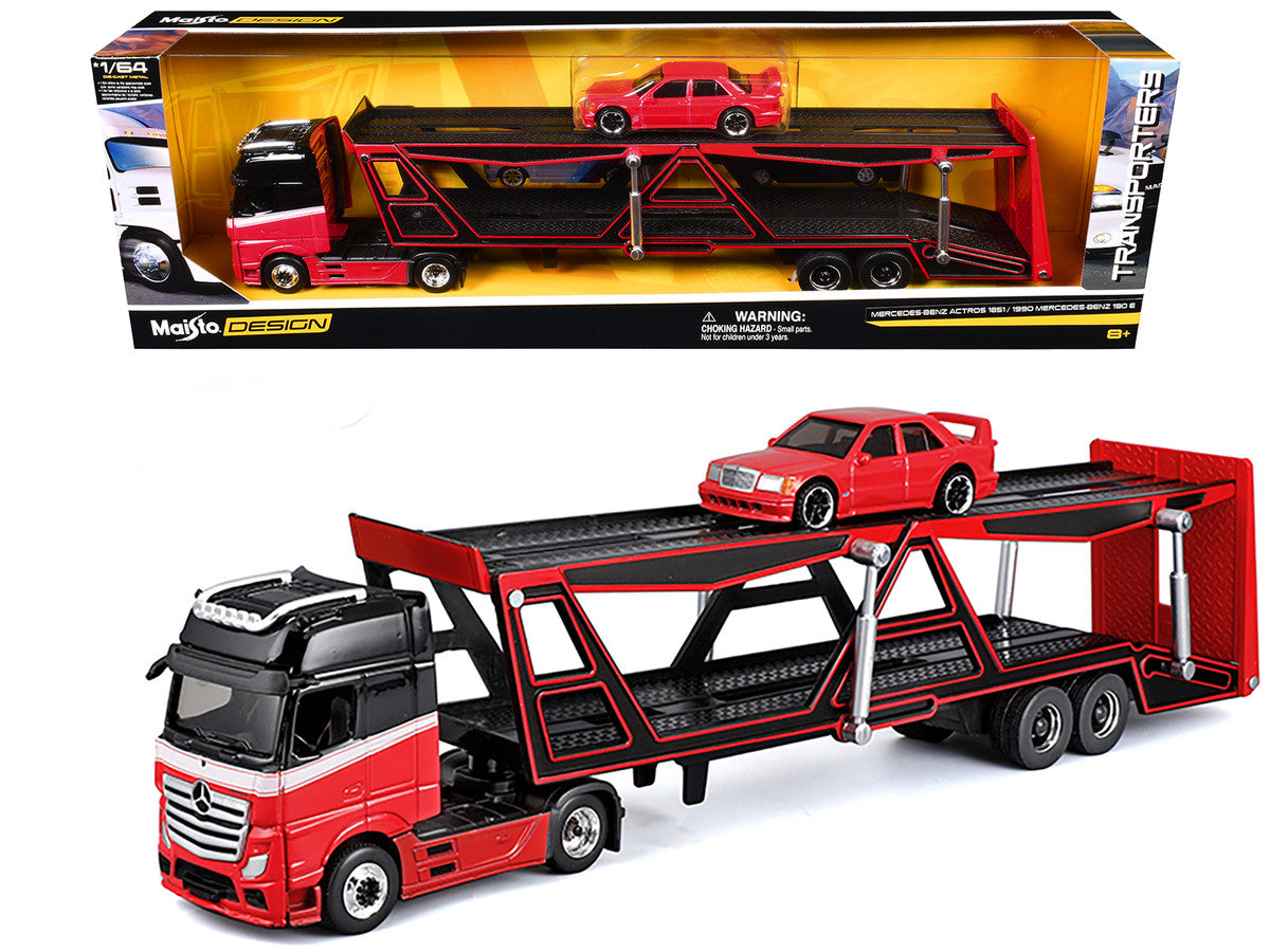 Mercedes-Benz Actros Open Car Hauler Red and Black with White Stripes and 1990 Mercedes-Benz 190E Red "Transporters" Series 1/64 Diecast Models by Maisto by Maisto
