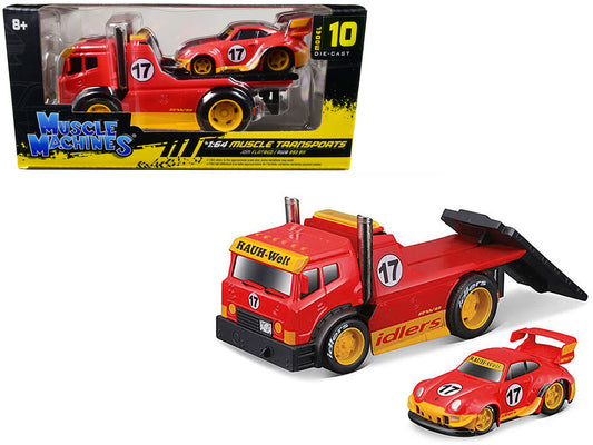 JDM Flatbed Truck #17 Red "RAUH-Welt BEGRIFF" and Porsche RWB 911 993 #17 Red "Muscle Transports" Series 1/64 Diecast Model Cars by Muscle Machines by Muscle Machines