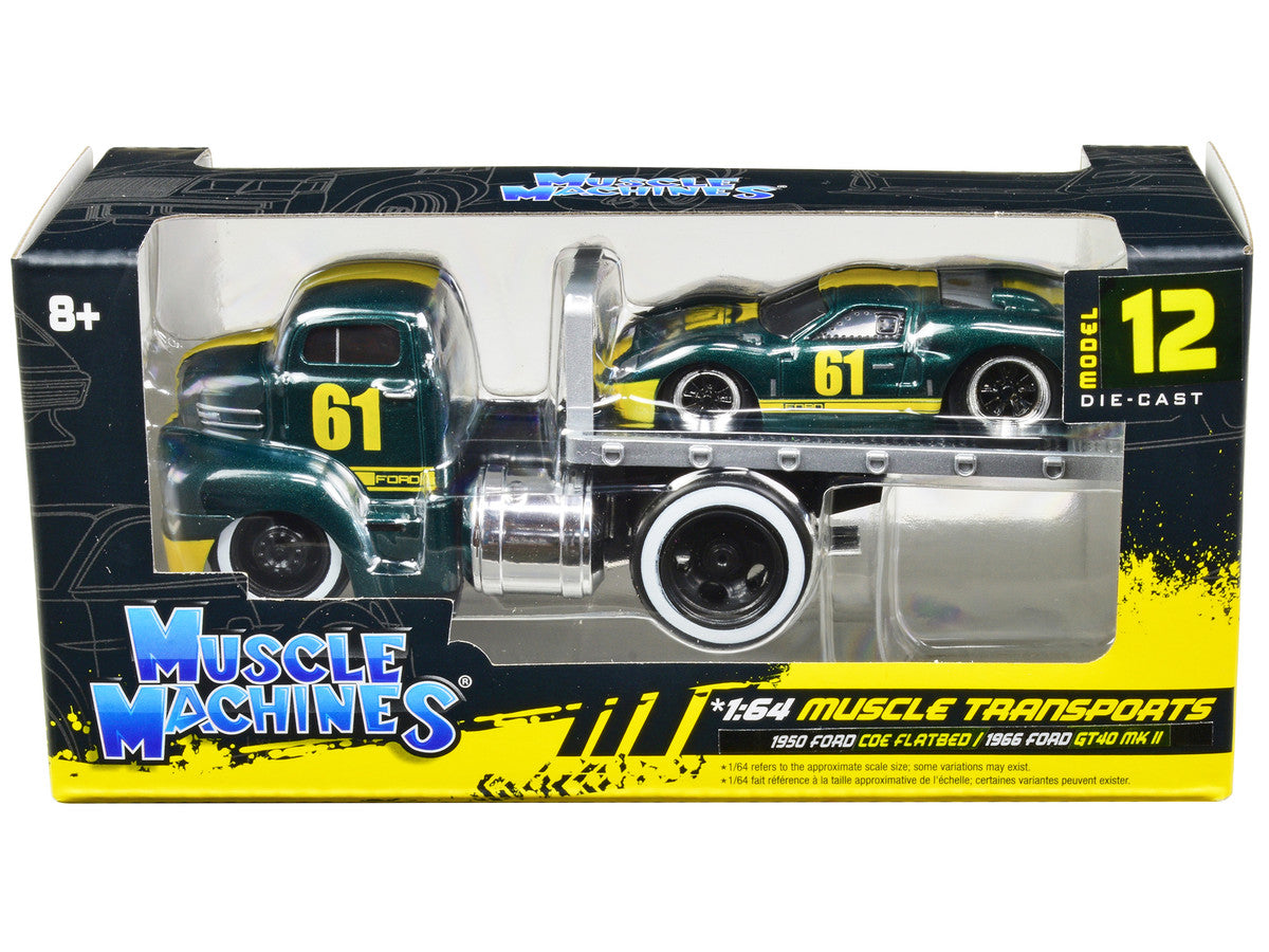 1950 Ford COE Flatbed Truck #61 and 1966 Ford GT40 MK II #61 Green Metallic with Yellow Stripes "Muscle Transports" Series 1/64 Diecast Model Cars by Muscle Machines by Muscle Machines