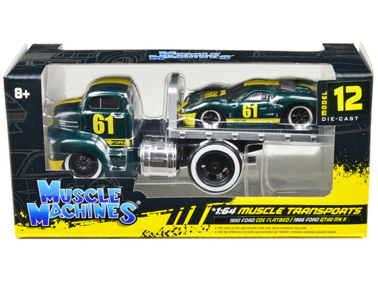 1950 Ford COE Flatbed Truck #61 and 1966 Ford GT40 MK II #61 Green Metallic with Yellow Stripes "Muscle Transports" Series 1/64 Diecast Model Cars by Muscle Machines by Muscle Machines