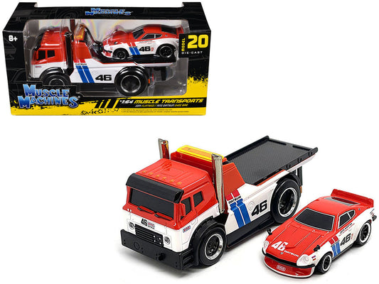 JDM Flatbed Truck #46 Red and White with Blue Stripes and 1972 Datsun 240Z #46 Red and White with Blue Stripes "BRE" "Muscle Transports" Series 1/64 Diecast Models by Muscle Machines by Muscle Machines