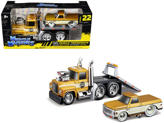 1980 Mack A685ST Flatbed Truck Gold Metallic with Beige Stripes "Madman Garage" and 1972 Chevrolet C10 Pickup Truck Gold Metallic and Beige "Muscle Transports" Series 1/64 Diecast Models by Muscle Machines by Muscle Machines