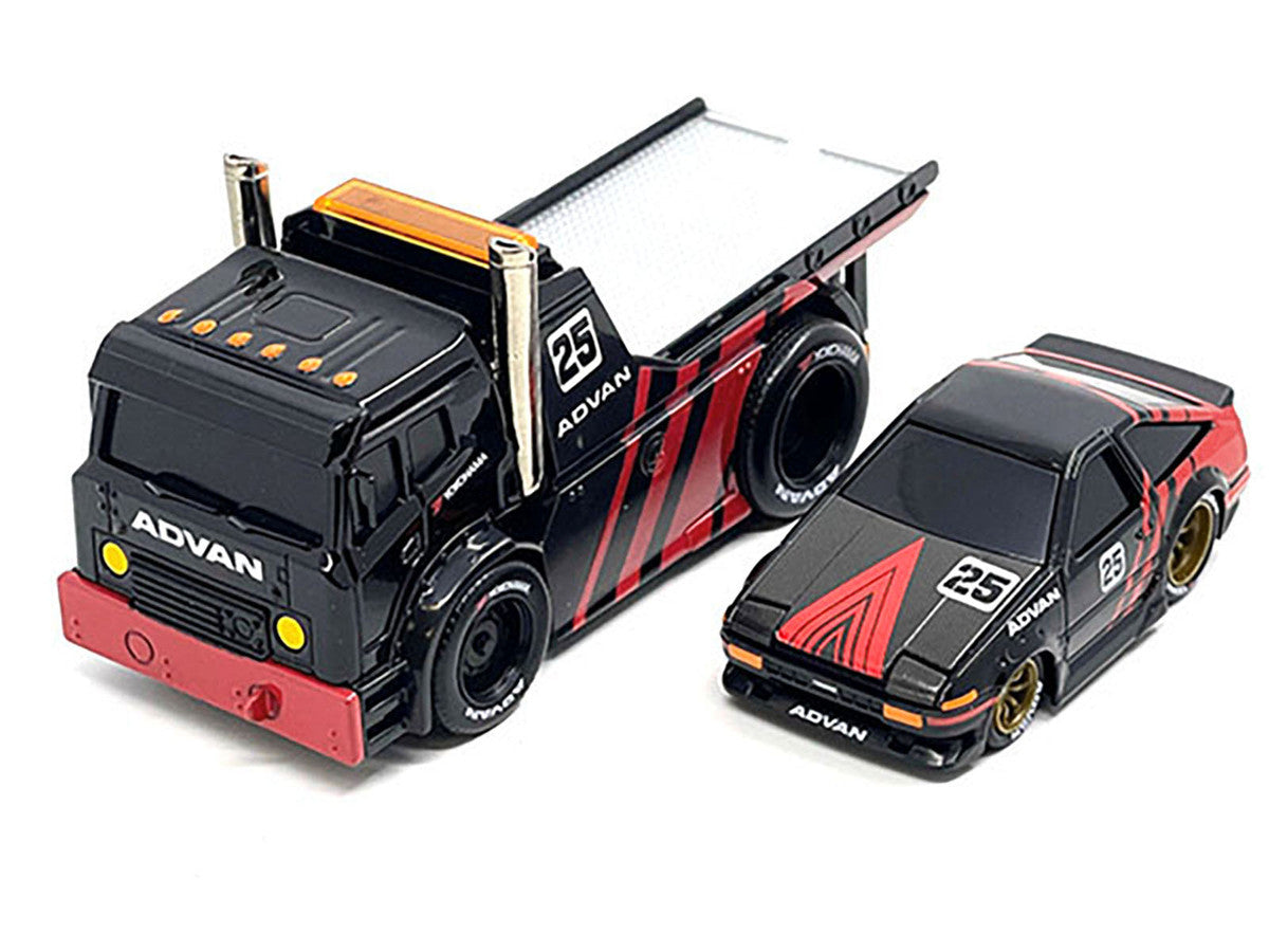 JDM Flatbed Truck #25 Black and Red and 1983-85 Toyota Trueno Sprinter (AE86) #25 Black and Red "Advan" Livery "Muscle Transports" Series 1/64 Diecast Models by Muscle Machines by Muscle Machines