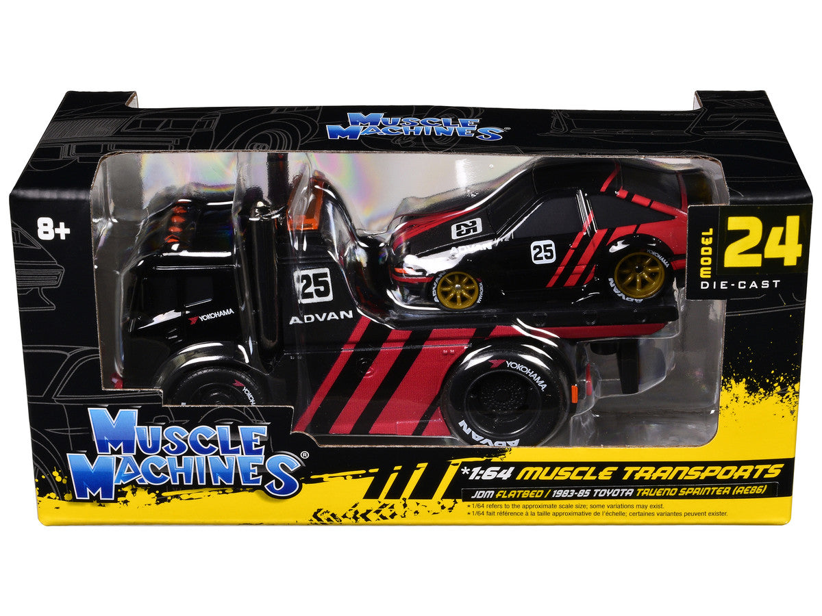 JDM Flatbed Truck #25 Black and Red and 1983-85 Toyota Trueno Sprinter (AE86) #25 Black and Red "Advan" Livery "Muscle Transports" Series 1/64 Diecast Models by Muscle Machines by Muscle Machines