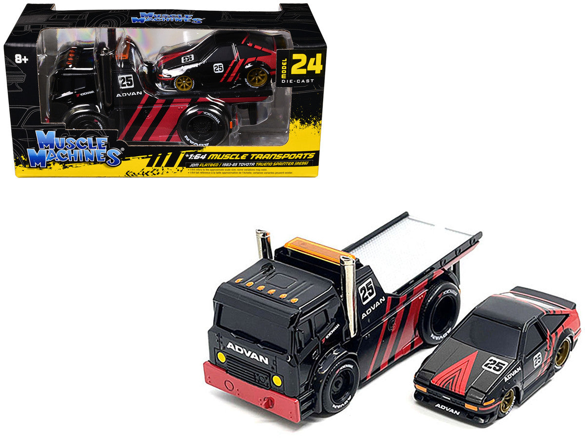 JDM Flatbed Truck #25 Black and Red and 1983-85 Toyota Trueno Sprinter (AE86) #25 Black and Red "Advan" Livery "Muscle Transports" Series 1/64 Diecast Models by Muscle Machines by Muscle Machines