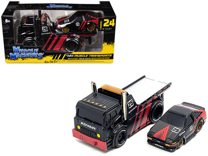 JDM Flatbed Truck #25 Black and Red and 1983-85 Toyota Trueno Sprinter (AE86) #25 Black and Red "Advan" Livery "Muscle Transports" Series 1/64 Diecast Models by Muscle Machines by Muscle Machines
