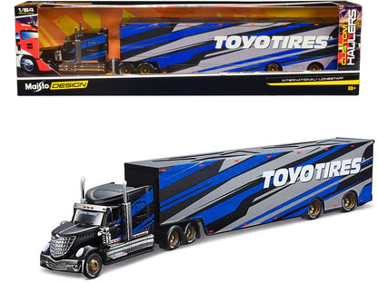 International LoneStar Enclosed Car Transporter "Toyo Tires" Black with Blue and Gray Stripes "Custom Haulers" Series 1/64 Diecast Model by Maisto by Maisto