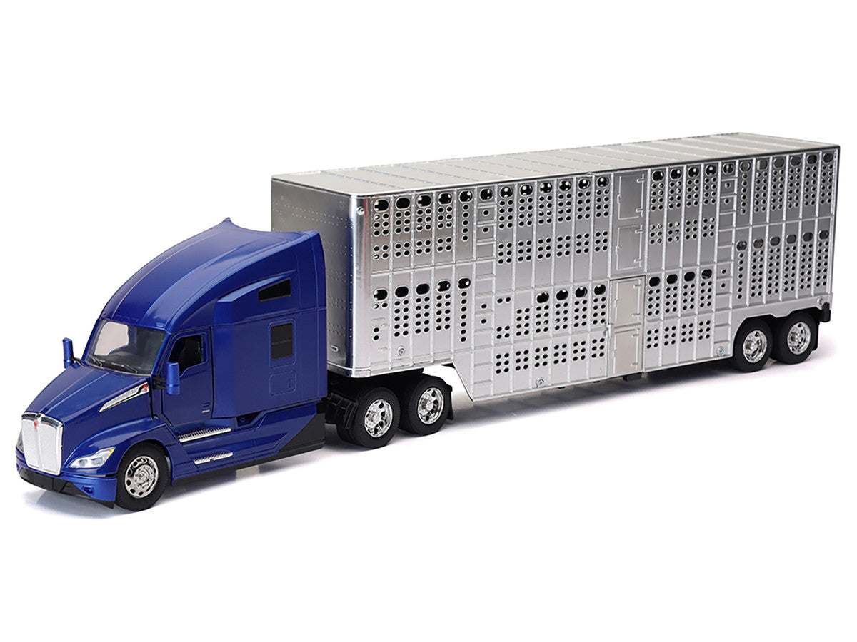 Kenworth T680 Truck Blue Metallic with Livestock Trailer Chrome "Long Haul Trucker" Series 1/32 Diecast Model by New Ray by New Ray