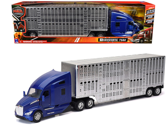 Kenworth T680 Truck Blue Metallic with Livestock Trailer Chrome "Long Haul Trucker" Series 1/32 Diecast Model by New Ray by New Ray