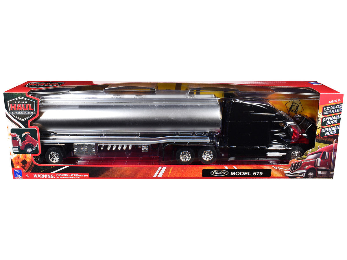 Peterbilt 579 Truck Black with Tanker Trailer Silver "Long Haul Truckers" Series 1/32 Diecast Model by New Ray-1