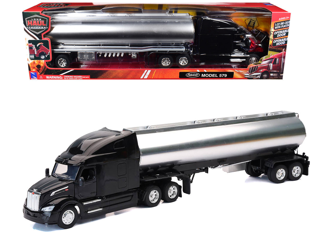 Peterbilt 579 Truck Black with Tanker Trailer Silver "Long Haul Truckers" Series 1/32 Diecast Model by New Ray-2