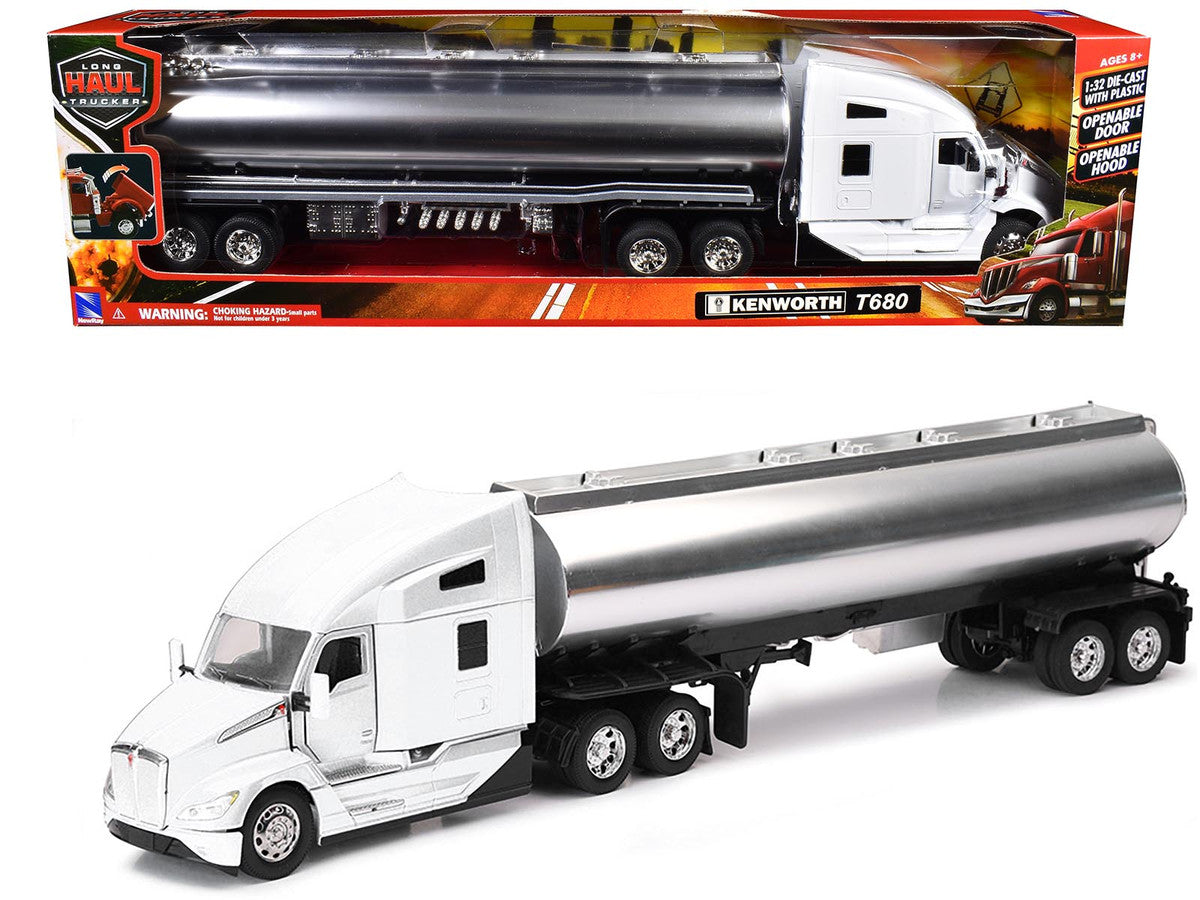 Kenworth T680 Truck White with Oil Tanker Trailer Chrome "Long Haul Trucker" Series 1/32 Diecast Model by New Ray by New Ray