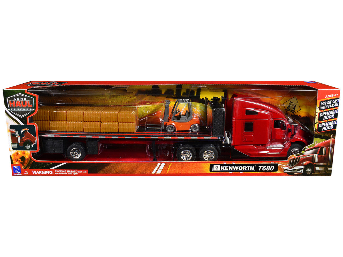 Kenworth T680 Truck Red and Flatbed Trailer with Forklift and Hay Load "Long Haul Trucker" Series 1/32 Diecast Model by New Ray by New Ray