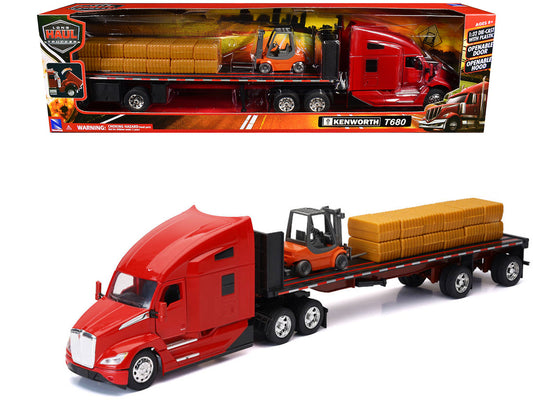 Kenworth T680 Truck Red and Flatbed Trailer with Forklift and Hay Load "Long Haul Trucker" Series 1/32 Diecast Model by New Ray by New Ray