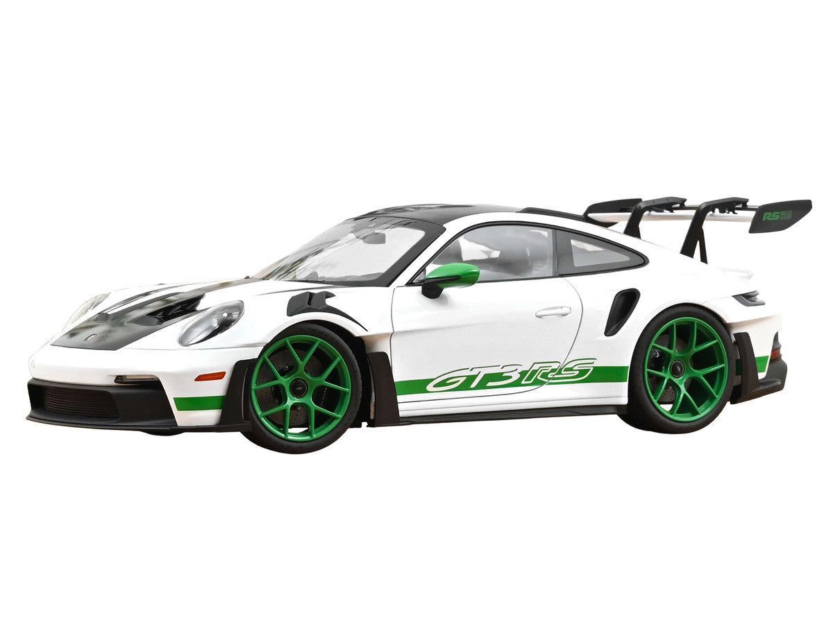 2022 Porsche 911 GT3 RS with Weissach Pack "Tribute to Carrera RS" White with Carbon Hood and Top and Python Green Stripes 1/12 Diecast Model Car by Norev-1